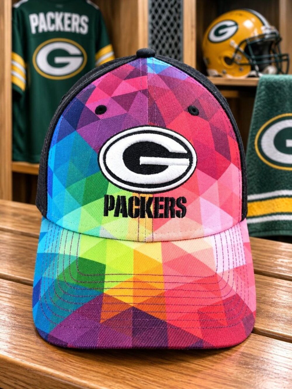 New Era Green Bay Packers 39THIRTY Small Medium Hat Crucial Catch Cancer Rainbow